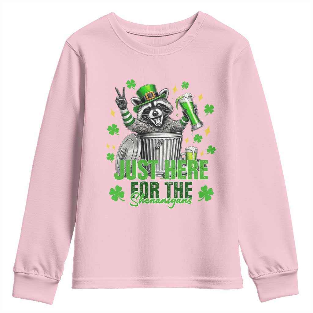 Funny Raccoon Drinking Beer St Patricks Day Youth Sweatshirt Just Here For The Shenanigans