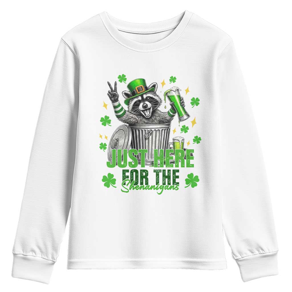 Funny Raccoon Drinking Beer St Patricks Day Youth Sweatshirt Just Here For The Shenanigans