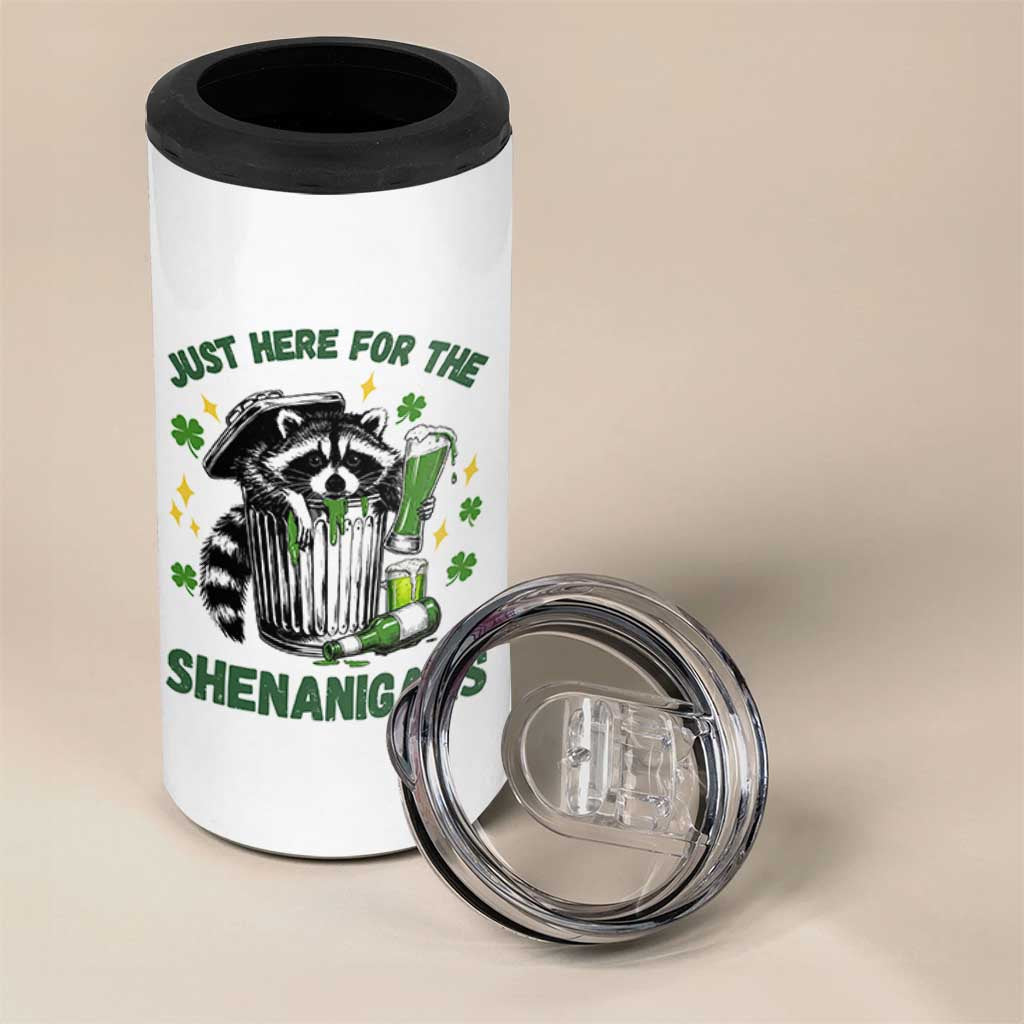 Funny Raccoon St Patricks Day Meme 4 in 1 Can Cooler Tumbler Trash Panda Just Here For The Shenanigans