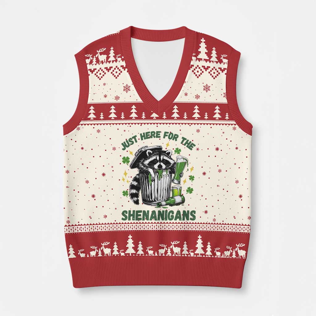 Funny Raccoon St Patricks Day Meme V-Neck Knit Sweater Vest Trash Panda Just Here For The Shenanigans