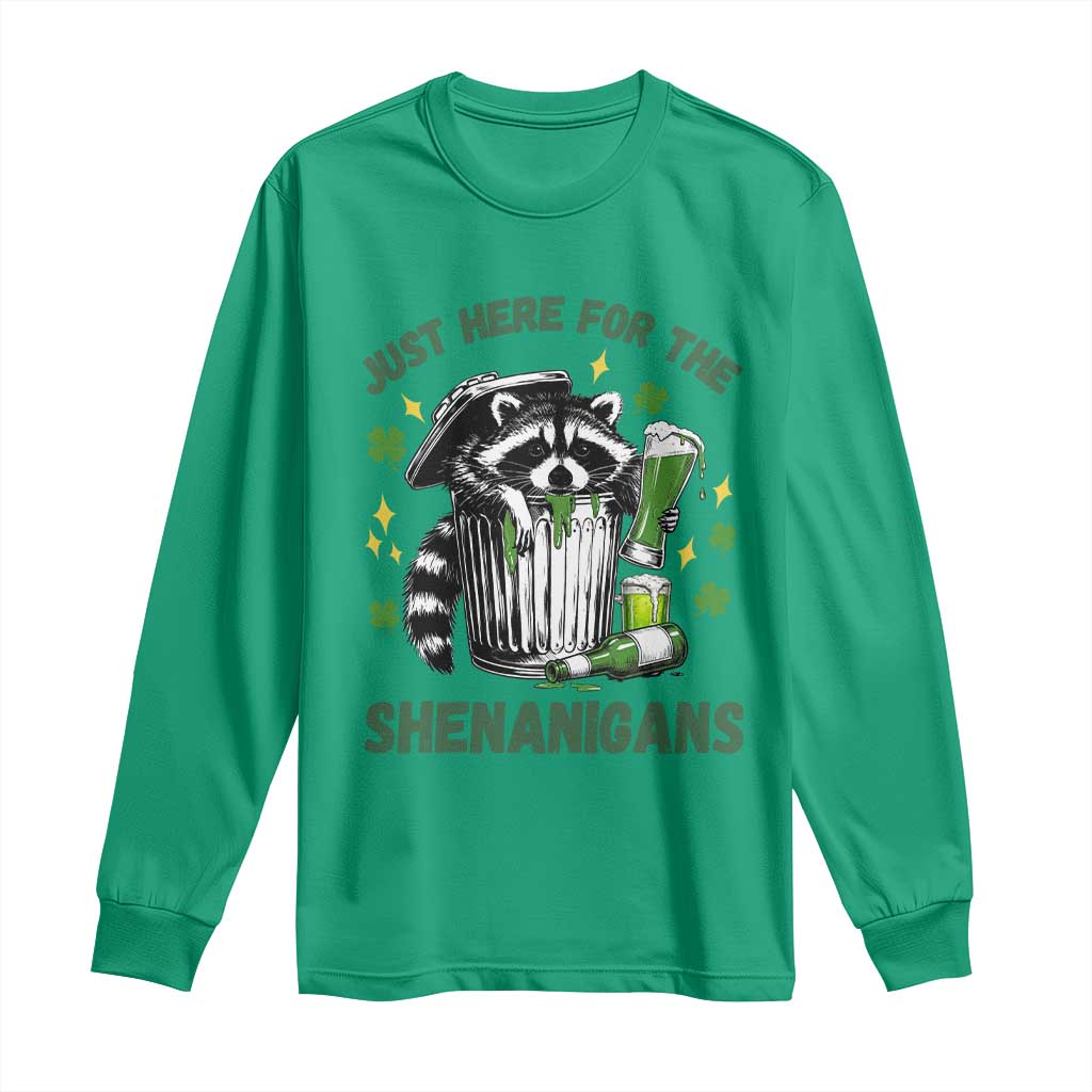 Funny Raccoon St Patricks Day Meme Long Sleeve Shirt Trash Panda Just Here For The Shenanigans