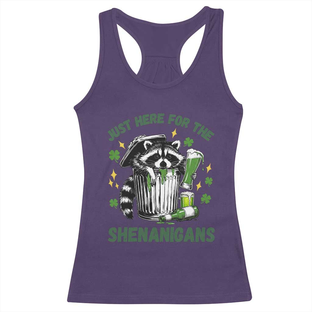 Funny Raccoon St Patricks Day Meme Racerback Tank Top Trash Panda Just Here For The Shenanigans