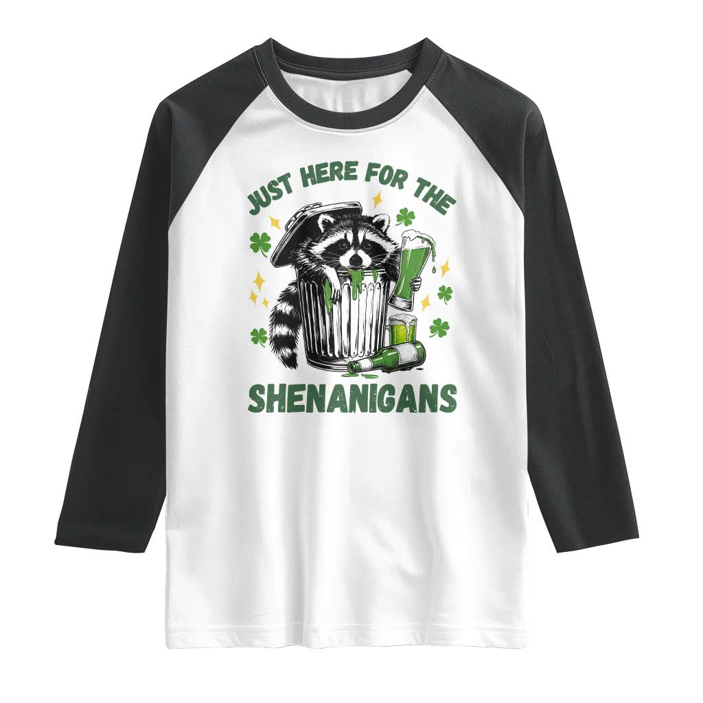 Funny Raccoon St Patricks Day Meme Raglan Shirt Trash Panda Just Here For The Shenanigans