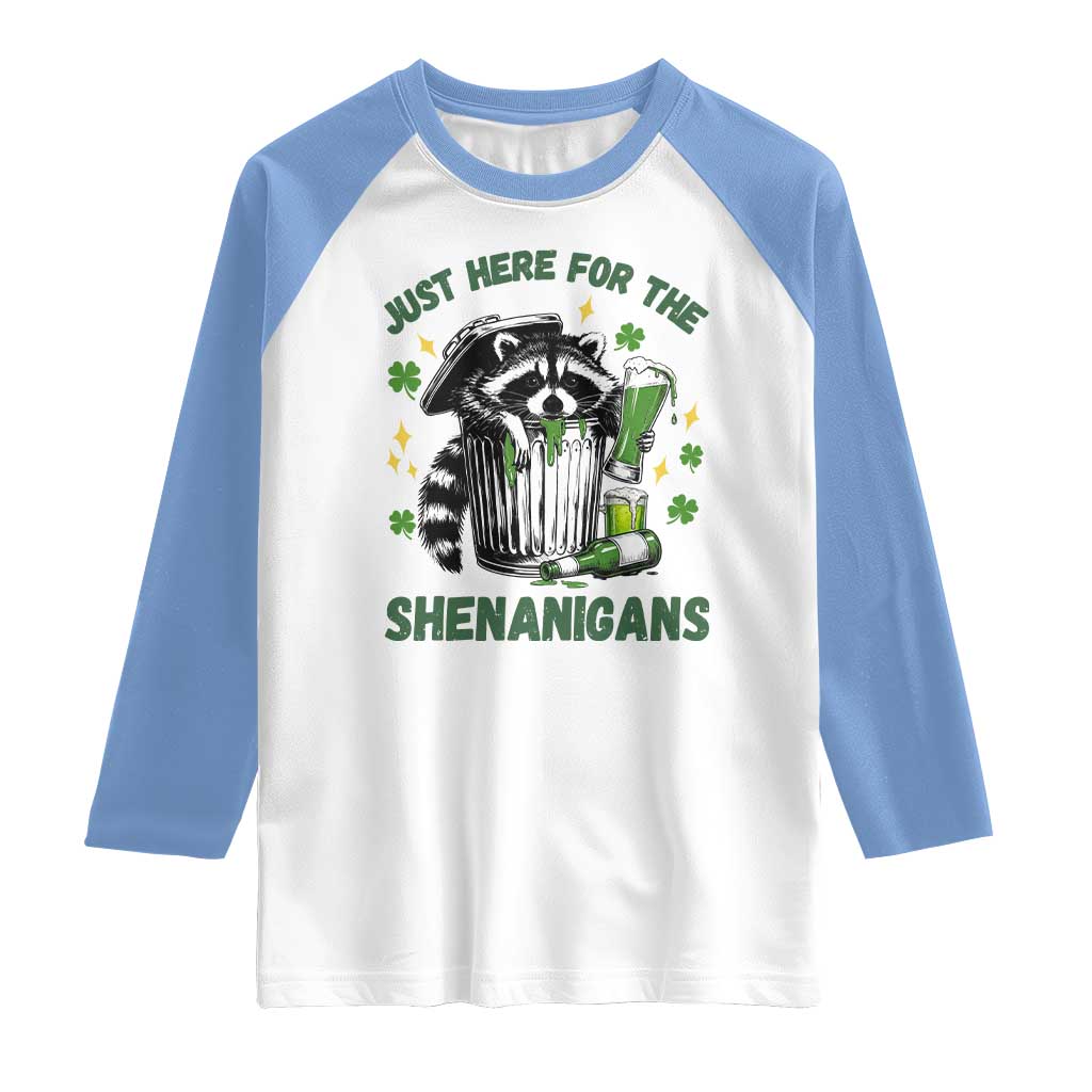 Funny Raccoon St Patricks Day Meme Raglan Shirt Trash Panda Just Here For The Shenanigans