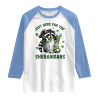 Funny Raccoon St Patricks Day Meme Raglan Shirt Trash Panda Just Here For The Shenanigans