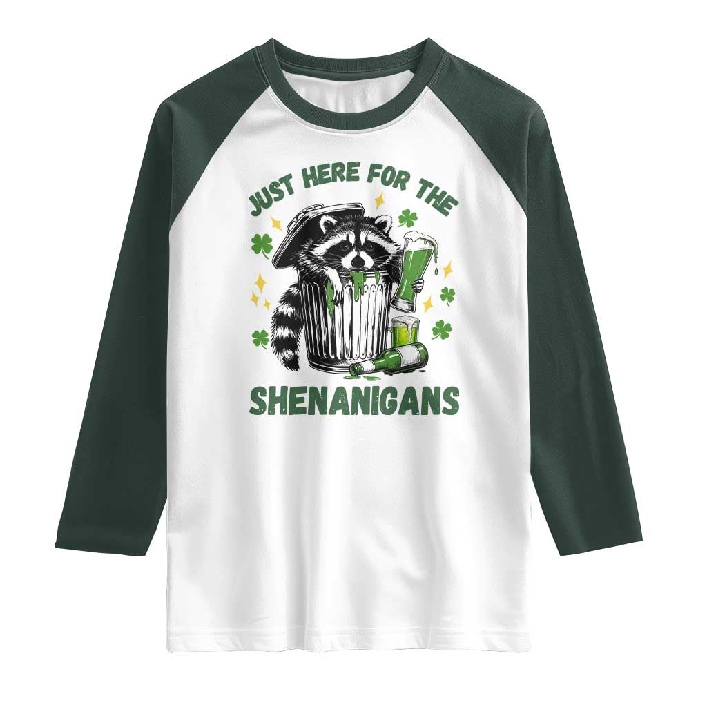 Funny Raccoon St Patricks Day Meme Raglan Shirt Trash Panda Just Here For The Shenanigans