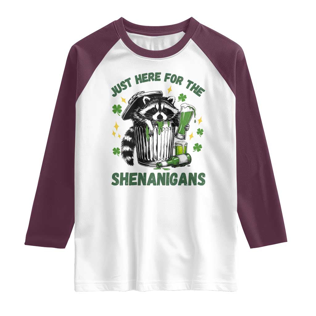 Funny Raccoon St Patricks Day Meme Raglan Shirt Trash Panda Just Here For The Shenanigans