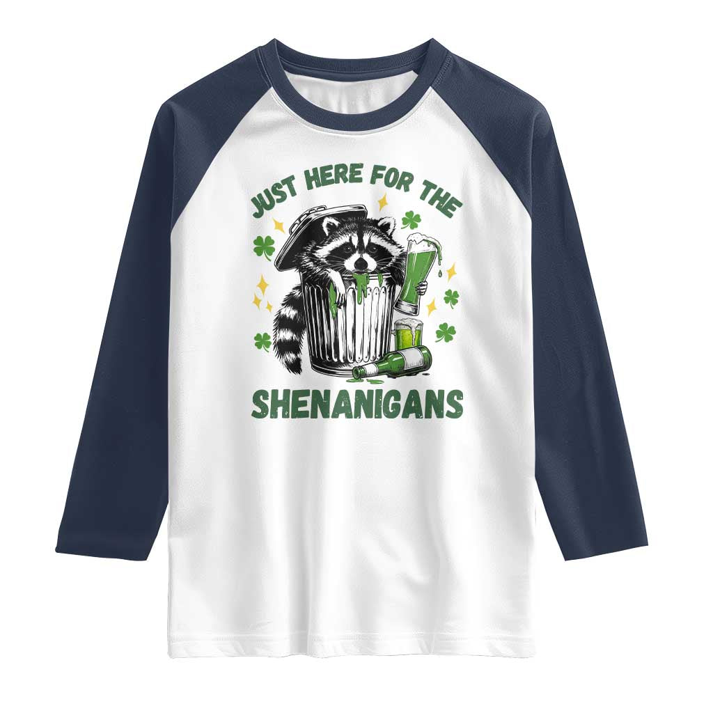 Funny Raccoon St Patricks Day Meme Raglan Shirt Trash Panda Just Here For The Shenanigans
