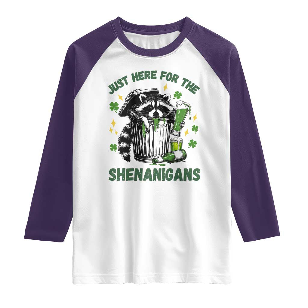 Funny Raccoon St Patricks Day Meme Raglan Shirt Trash Panda Just Here For The Shenanigans