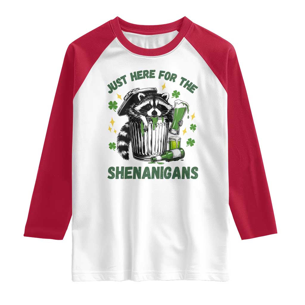 Funny Raccoon St Patricks Day Meme Raglan Shirt Trash Panda Just Here For The Shenanigans