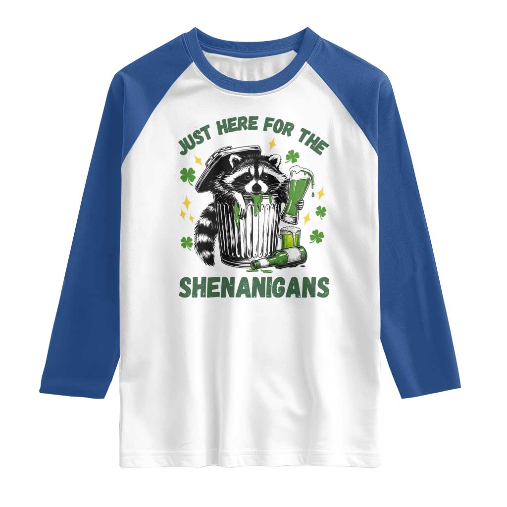 Funny Raccoon St Patricks Day Meme Raglan Shirt Trash Panda Just Here For The Shenanigans
