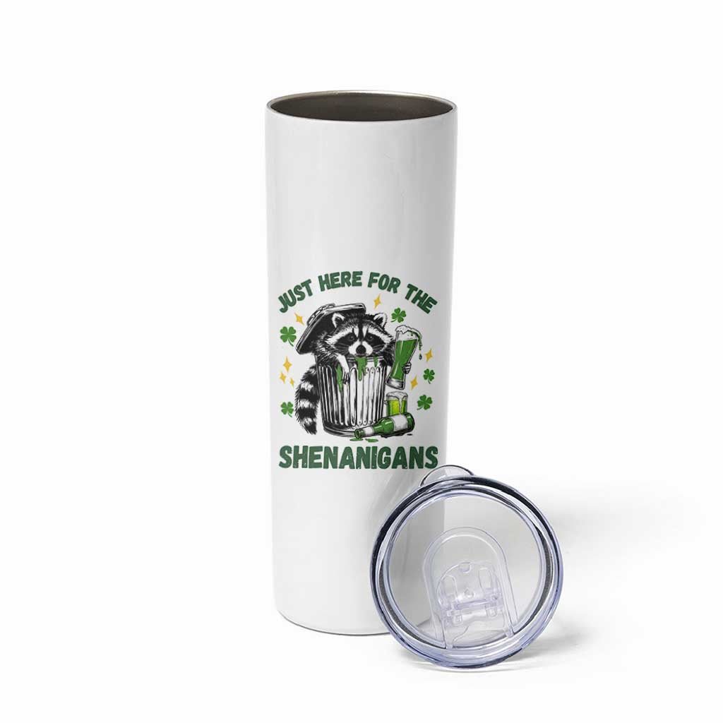 Funny Raccoon St Patricks Day Meme Skinny Tumbler Trash Panda Just Here For The Shenanigans