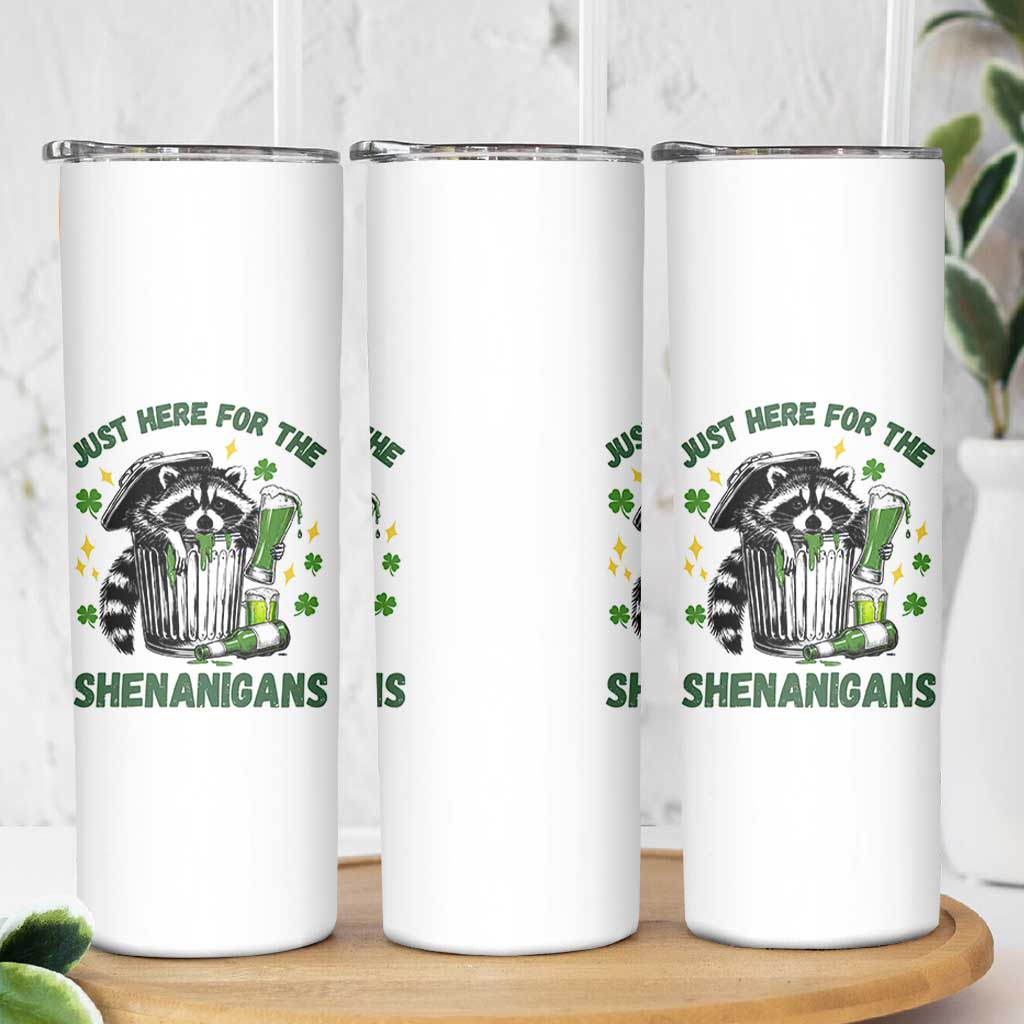 Funny Raccoon St Patricks Day Meme Skinny Tumbler Trash Panda Just Here For The Shenanigans