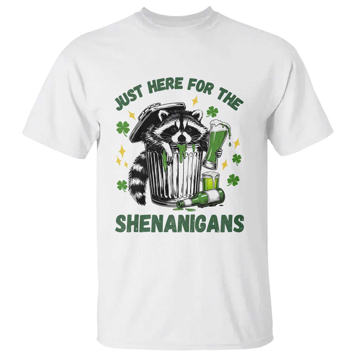 Funny Raccoon St Patricks Day Meme T Shirt Trash Panda Just Here For The Shenanigans