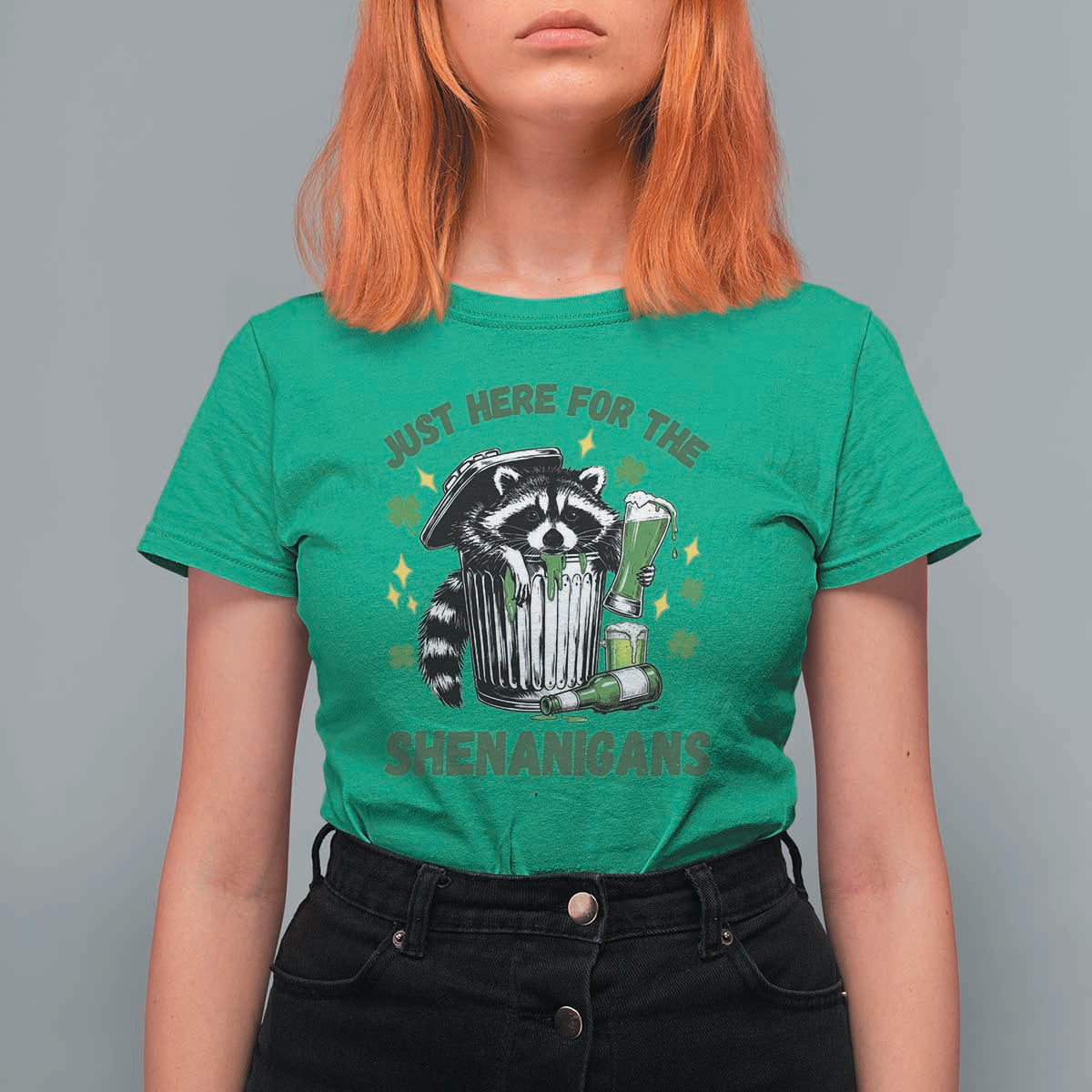 Funny Raccoon St Patricks Day Meme T Shirt For Women Trash Panda Just Here For The Shenanigans