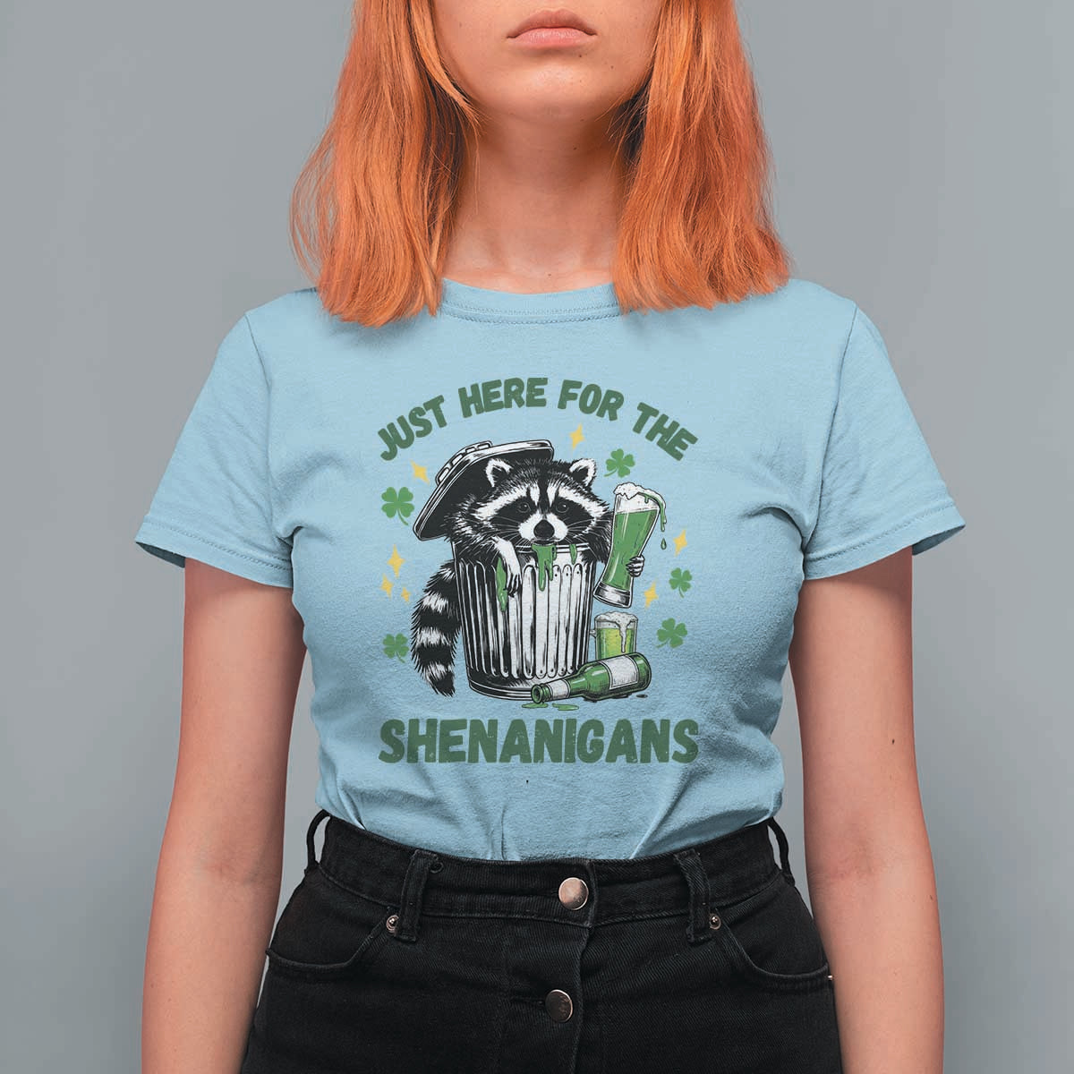 Funny Raccoon St Patricks Day Meme T Shirt For Women Trash Panda Just Here For The Shenanigans