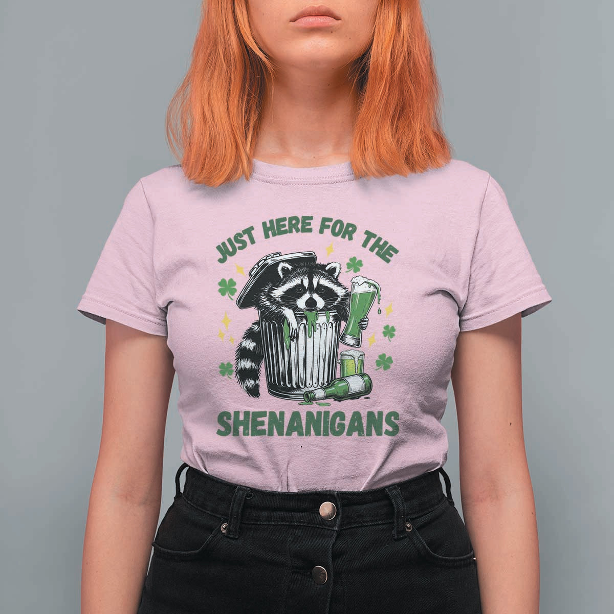 Funny Raccoon St Patricks Day Meme T Shirt For Women Trash Panda Just Here For The Shenanigans