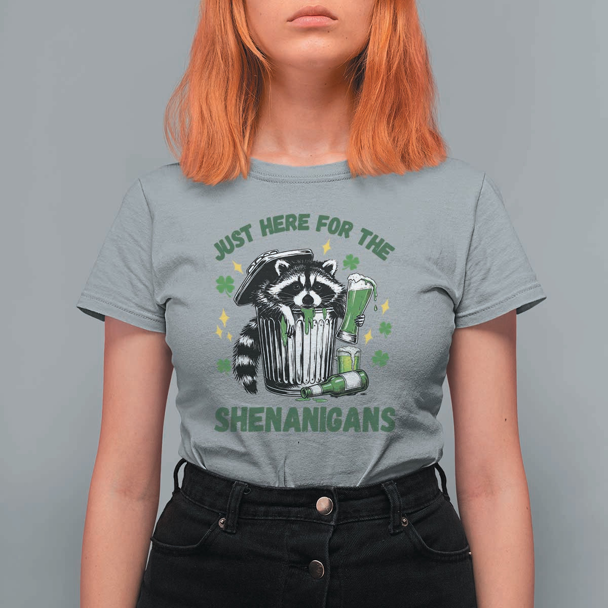 Funny Raccoon St Patricks Day Meme T Shirt For Women Trash Panda Just Here For The Shenanigans