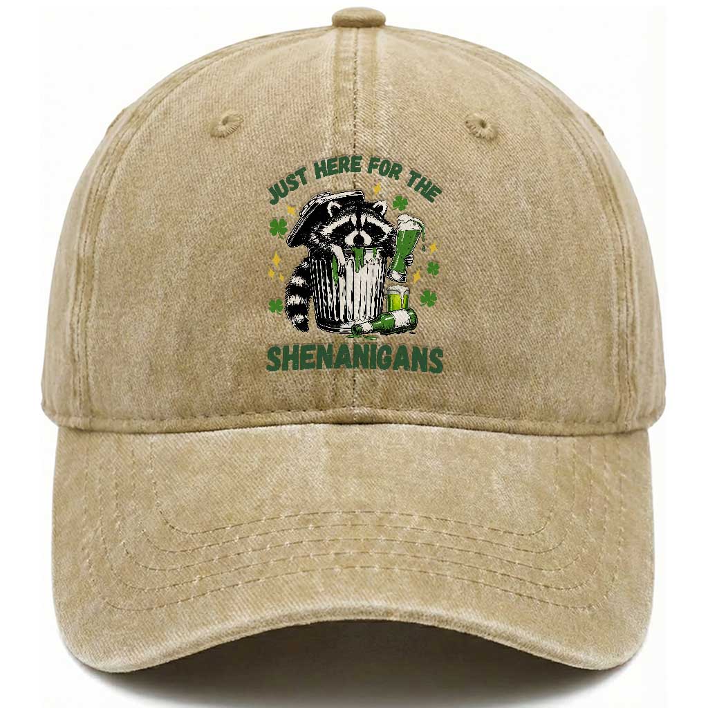 Funny Raccoon St Patricks Day Meme Washed Cotton Baseball Cap Trash Panda Just Here For The Shenanigans