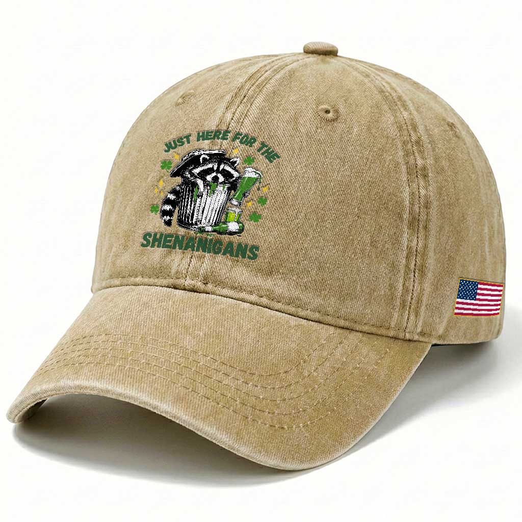 Funny Raccoon St Patricks Day Meme Washed Cotton Baseball Cap Trash Panda Just Here For The Shenanigans