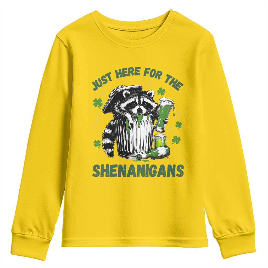 Funny Raccoon St Patricks Day Meme Youth Sweatshirt Trash Panda Just Here For The Shenanigans