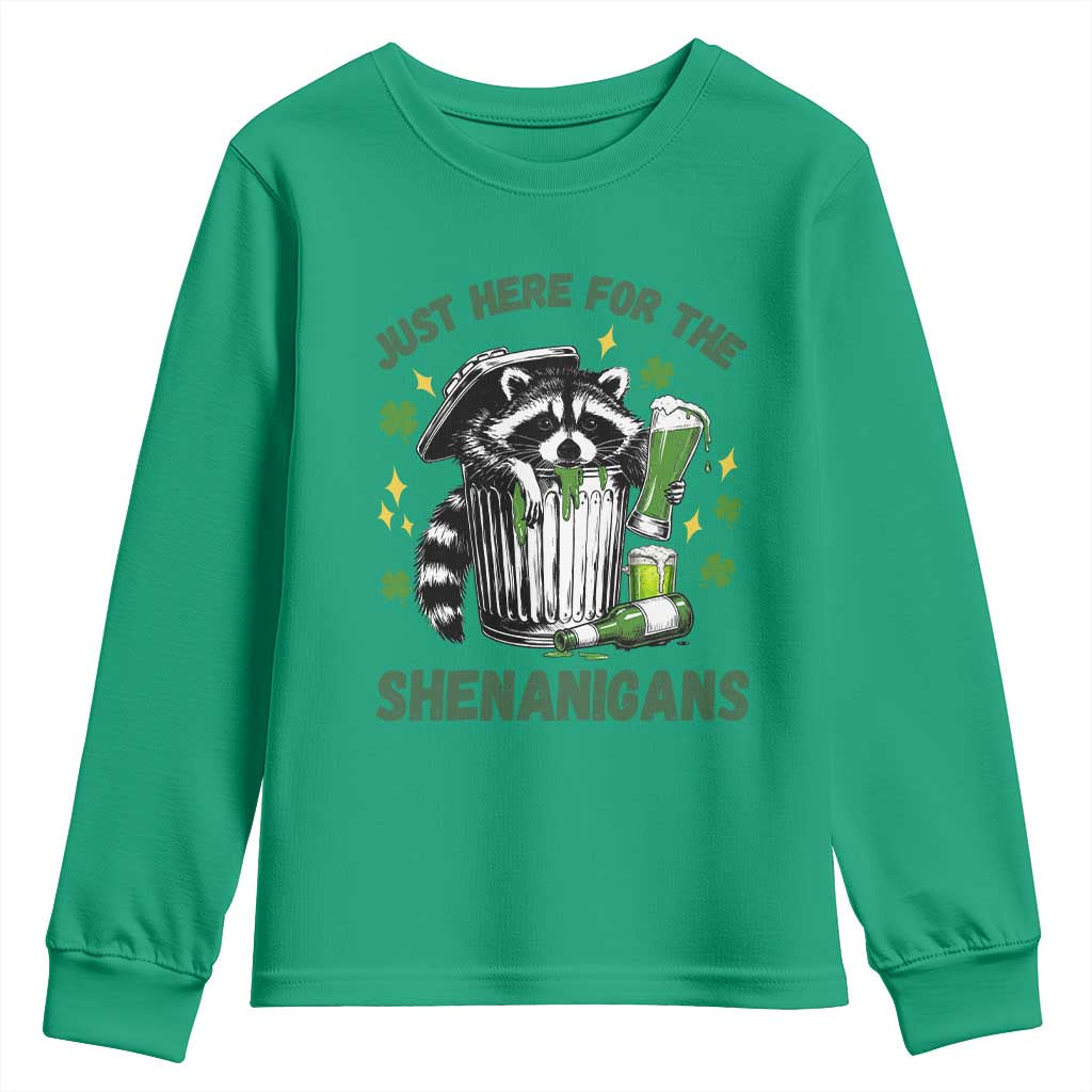 Funny Raccoon St Patricks Day Meme Youth Sweatshirt Trash Panda Just Here For The Shenanigans