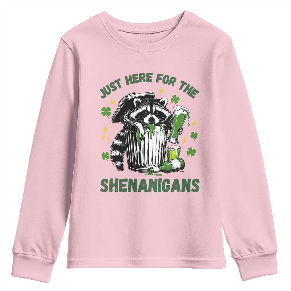 Funny Raccoon St Patricks Day Meme Youth Sweatshirt Trash Panda Just Here For The Shenanigans
