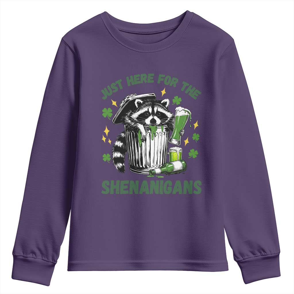 Funny Raccoon St Patricks Day Meme Youth Sweatshirt Trash Panda Just Here For The Shenanigans