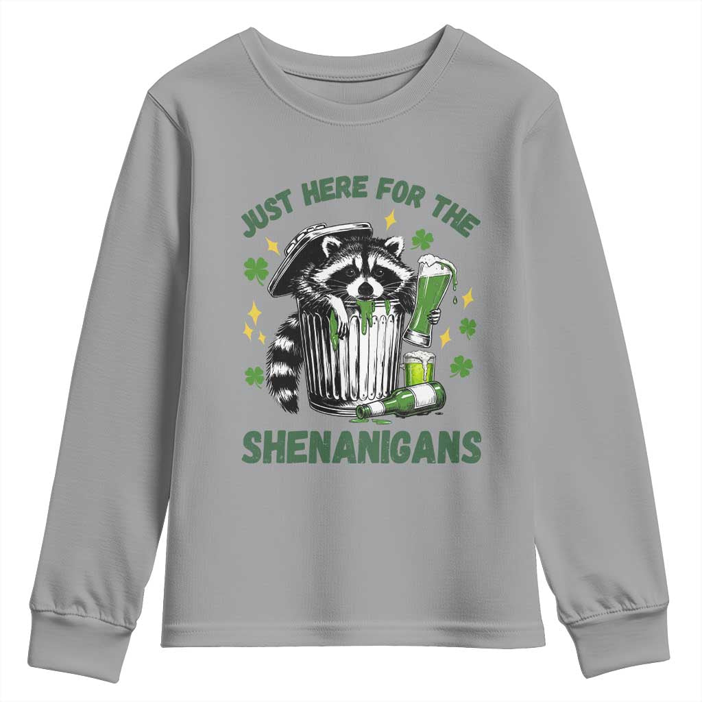 Funny Raccoon St Patricks Day Meme Youth Sweatshirt Trash Panda Just Here For The Shenanigans