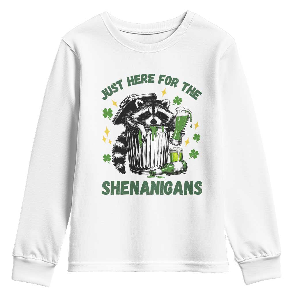 Funny Raccoon St Patricks Day Meme Youth Sweatshirt Trash Panda Just Here For The Shenanigans