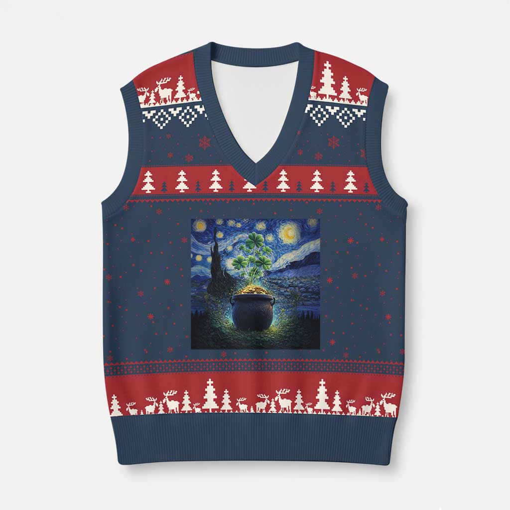 St Patricks Day Starry Night Shamrock Van Gogh Art V-Neck Knit Sweater Vest