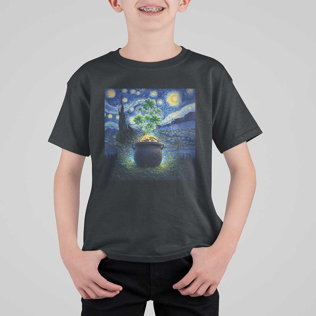 St Patricks Day Starry Night Shamrock Van Gogh Art T Shirt For Kid