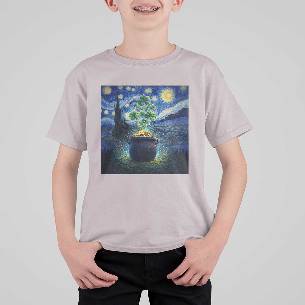 St Patricks Day Starry Night Shamrock Van Gogh Art T Shirt For Kid