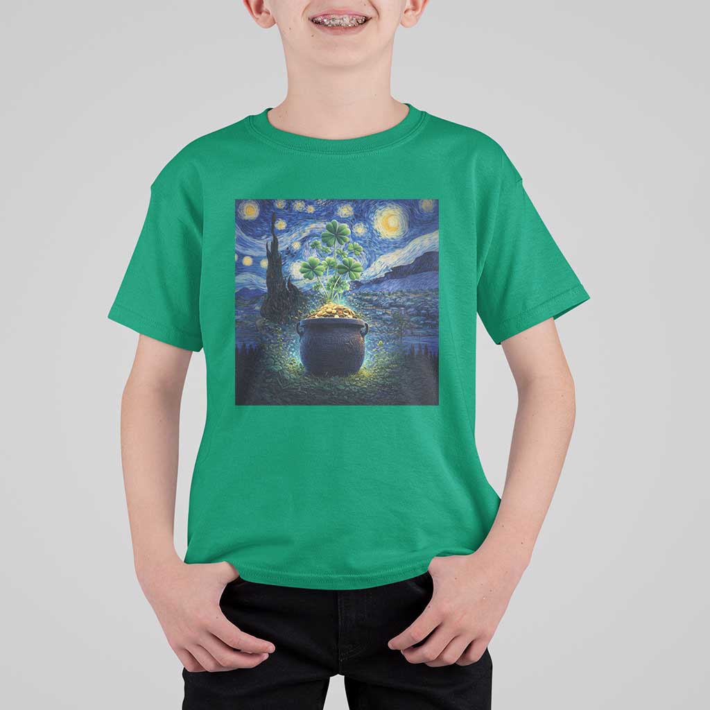 St Patricks Day Starry Night Shamrock Van Gogh Art T Shirt For Kid