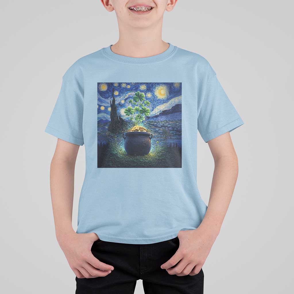 St Patricks Day Starry Night Shamrock Van Gogh Art T Shirt For Kid