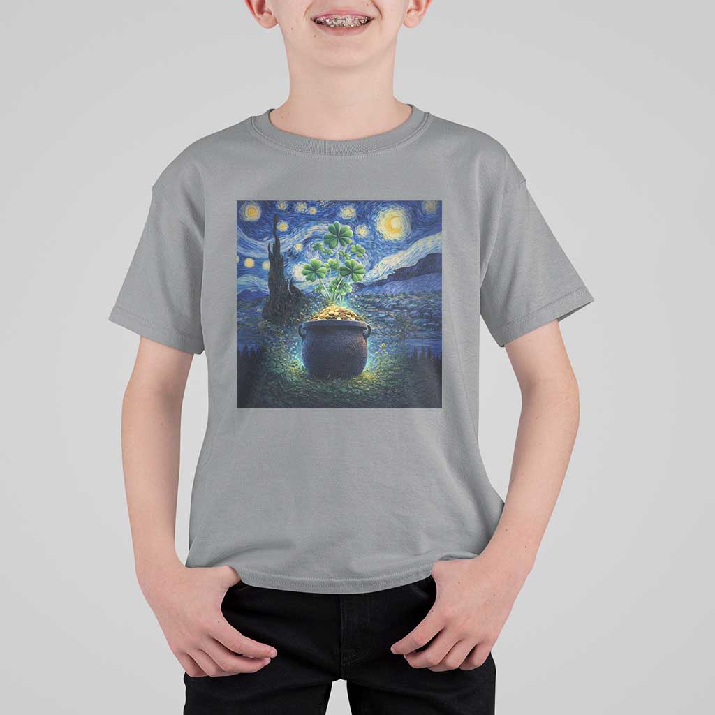 St Patricks Day Starry Night Shamrock Van Gogh Art T Shirt For Kid