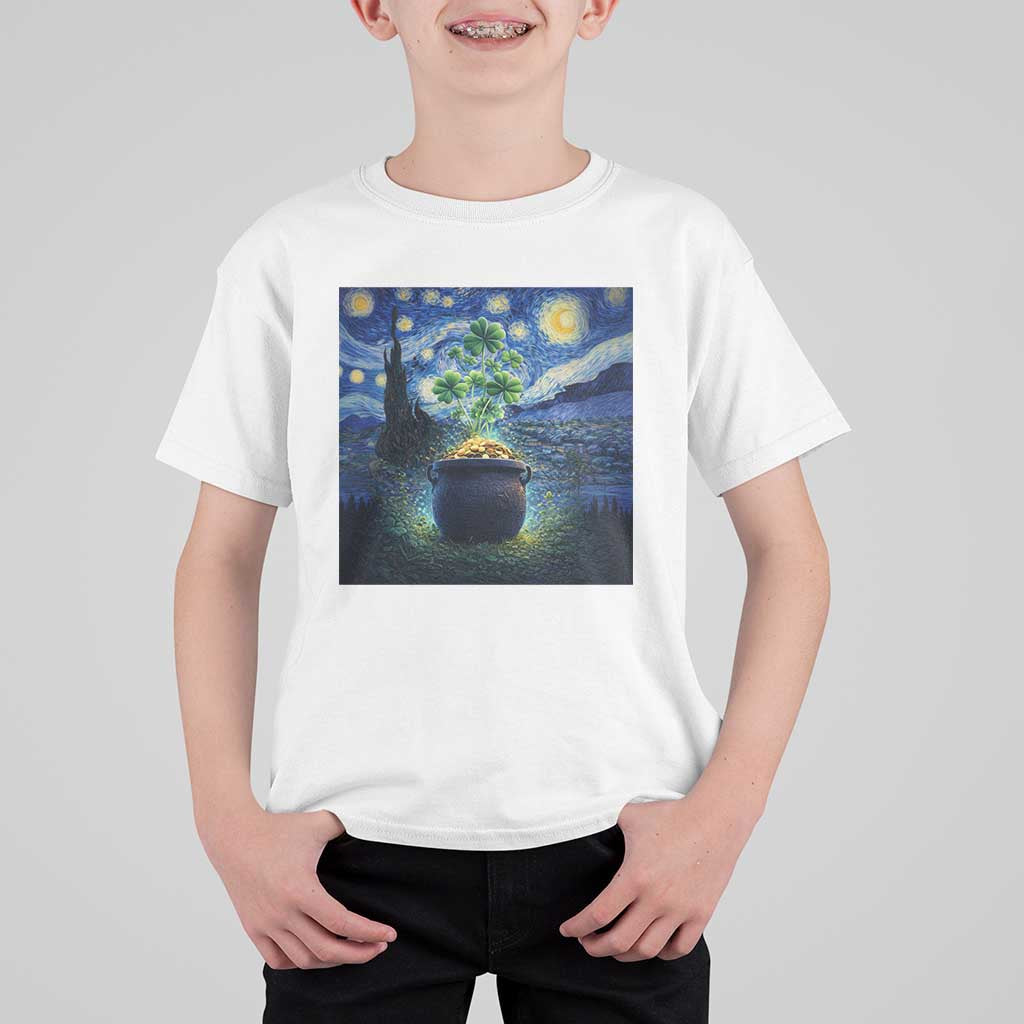 St Patricks Day Starry Night Shamrock Van Gogh Art T Shirt For Kid