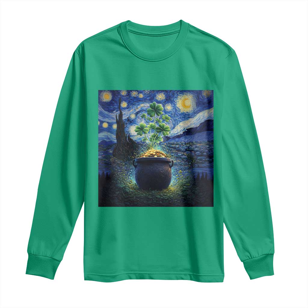 St Patricks Day Starry Night Shamrock Van Gogh Art Long Sleeve Shirt