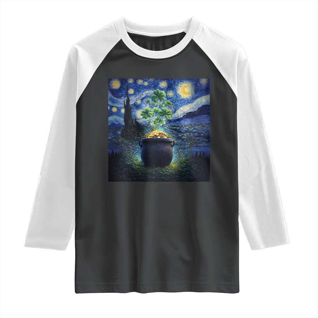 St Patricks Day Starry Night Shamrock Van Gogh Art Raglan Shirt