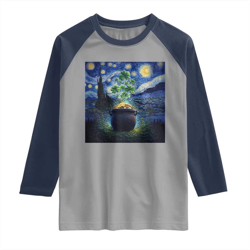 St Patricks Day Starry Night Shamrock Van Gogh Art Raglan Shirt