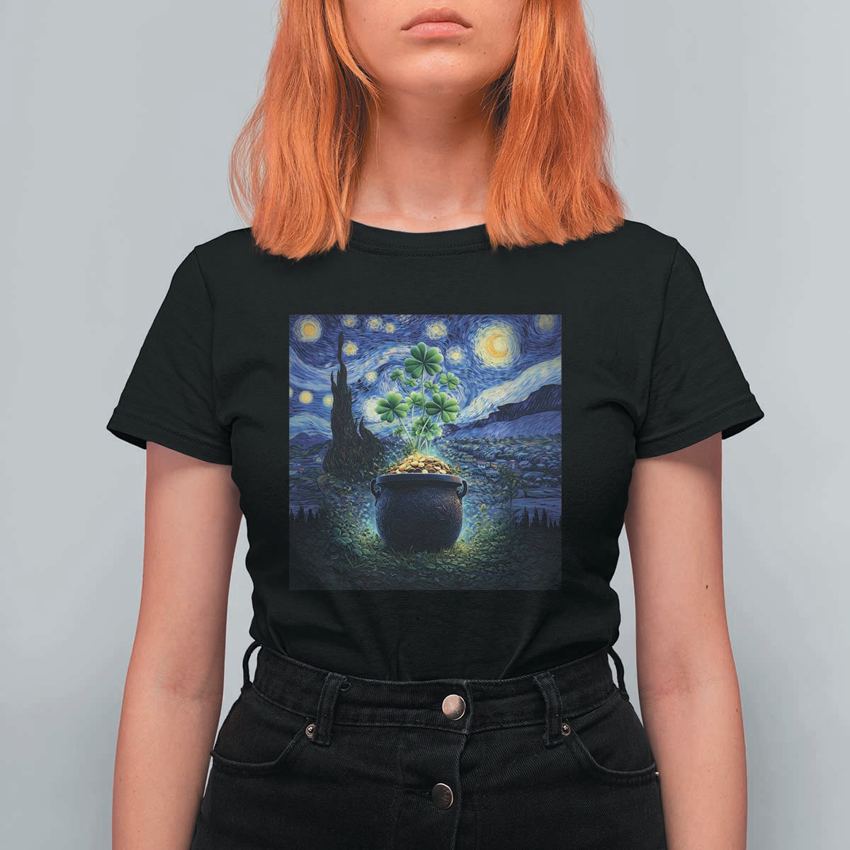St Patricks Day Starry Night Shamrock Van Gogh Art T Shirt For Women