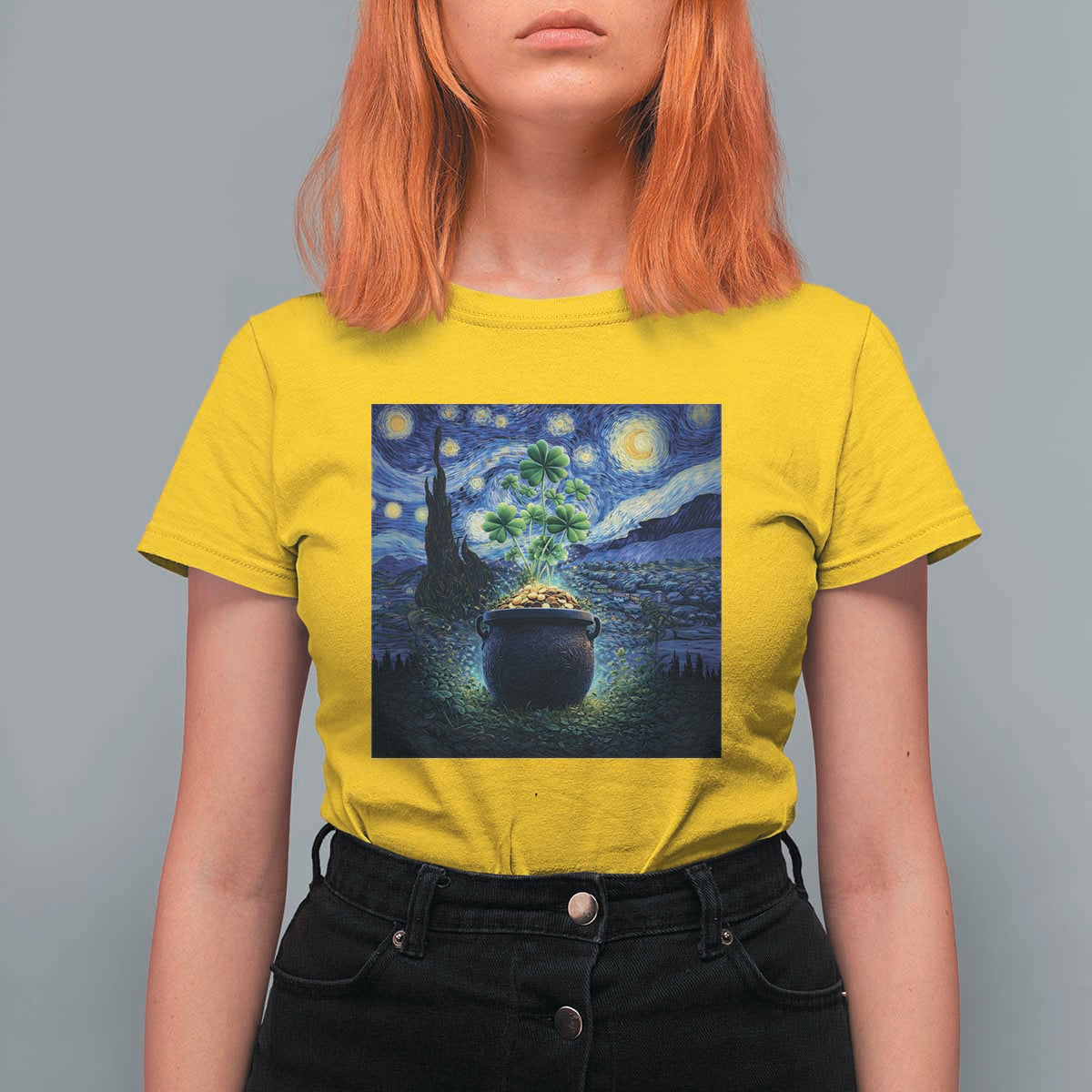 St Patricks Day Starry Night Shamrock Van Gogh Art T Shirt For Women