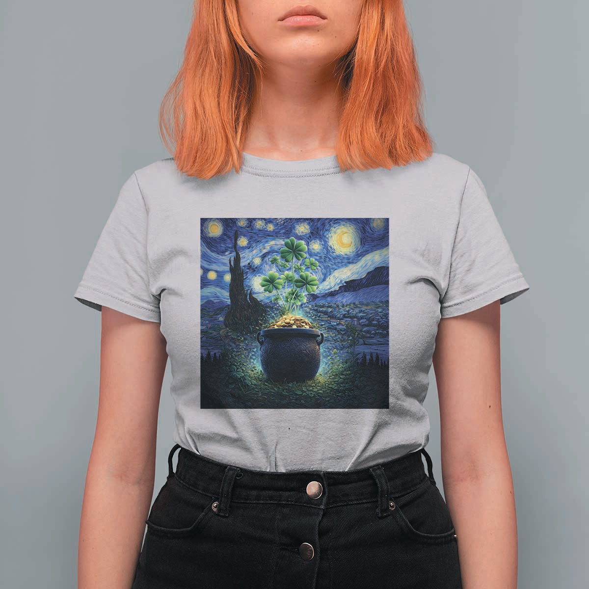 St Patricks Day Starry Night Shamrock Van Gogh Art T Shirt For Women