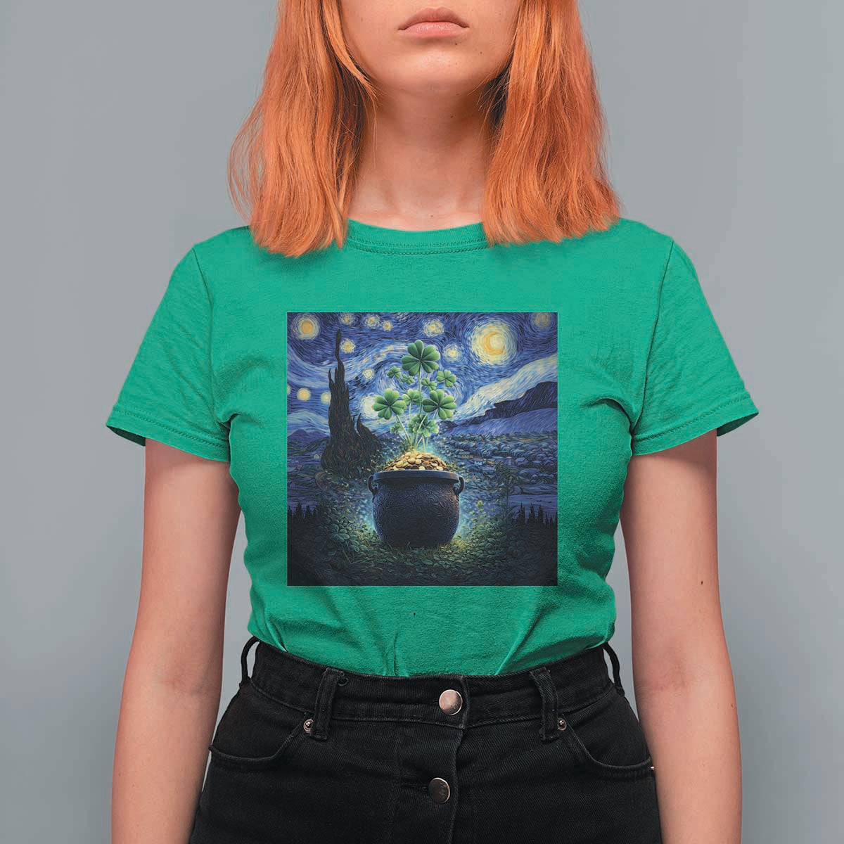 St Patricks Day Starry Night Shamrock Van Gogh Art T Shirt For Women