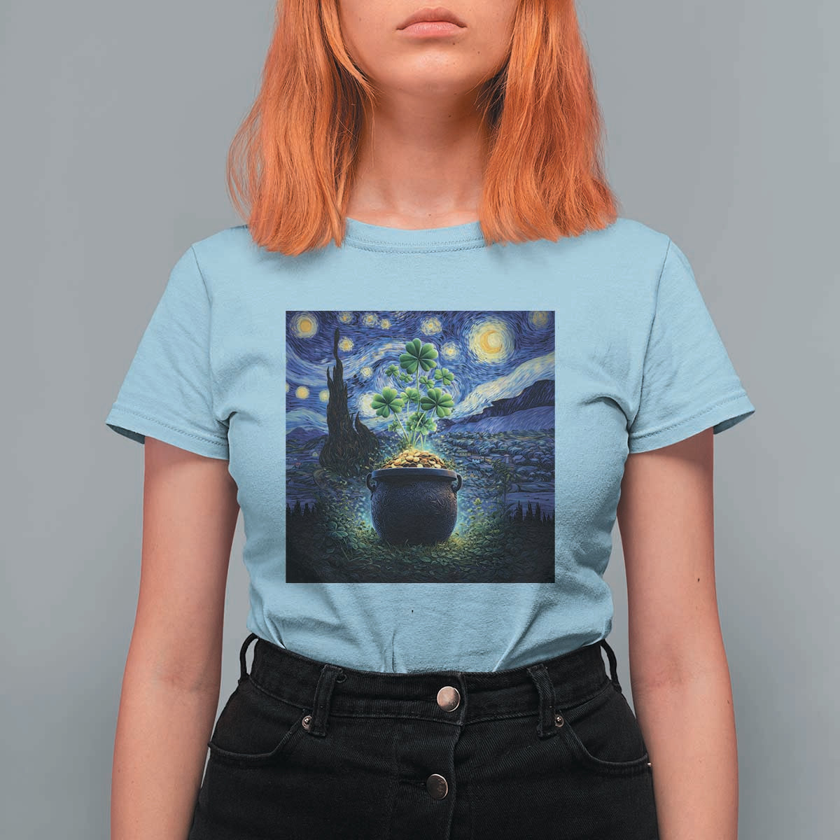 St Patricks Day Starry Night Shamrock Van Gogh Art T Shirt For Women