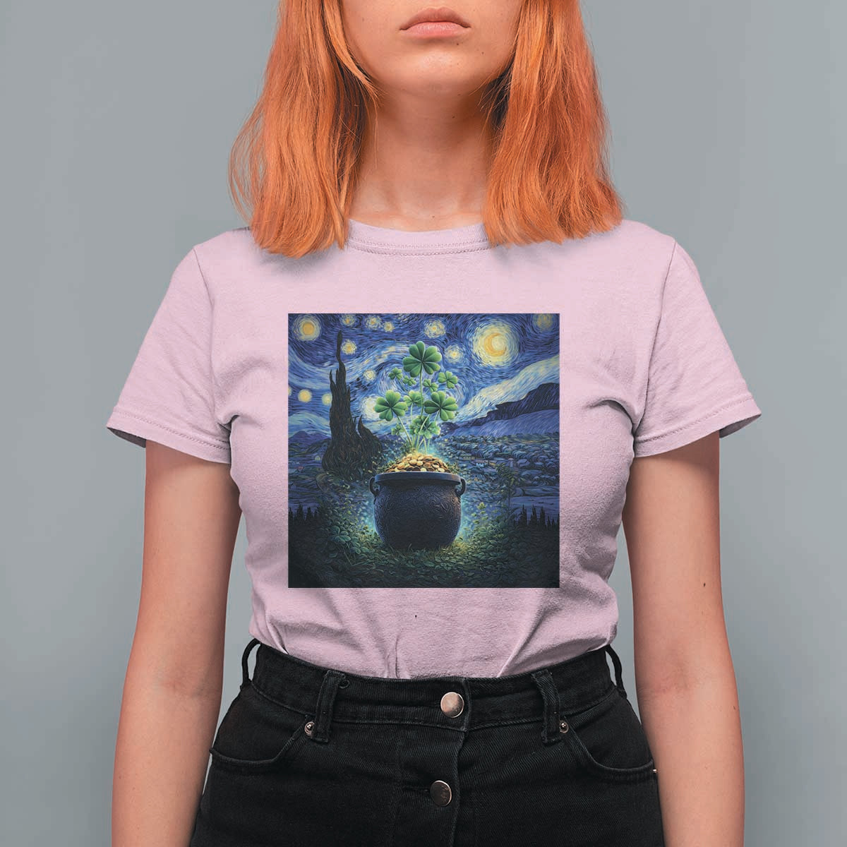 St Patricks Day Starry Night Shamrock Van Gogh Art T Shirt For Women