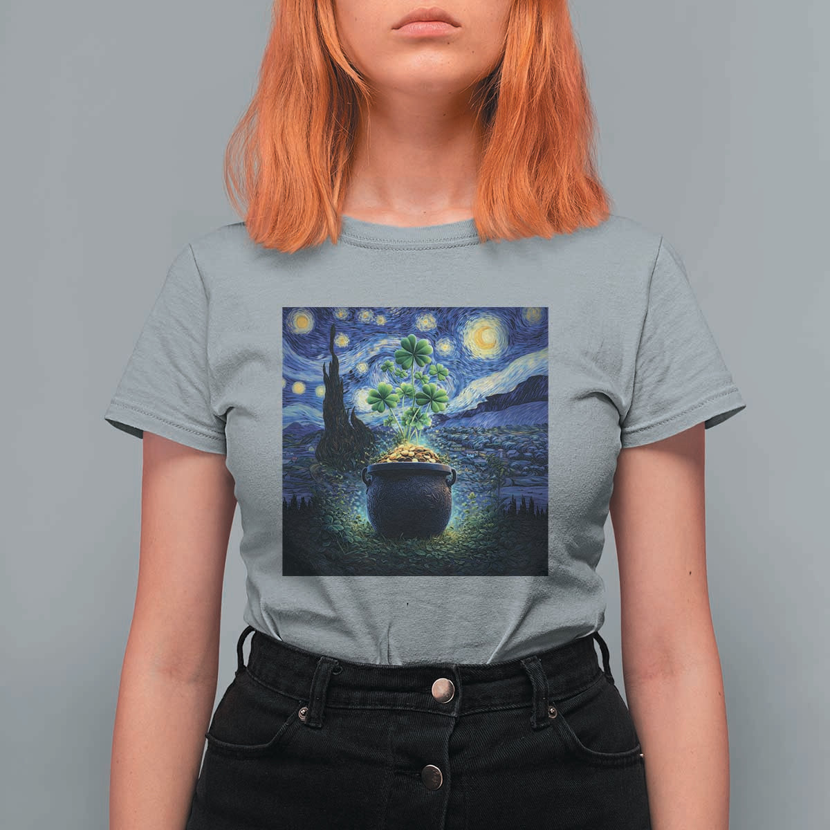 St Patricks Day Starry Night Shamrock Van Gogh Art T Shirt For Women