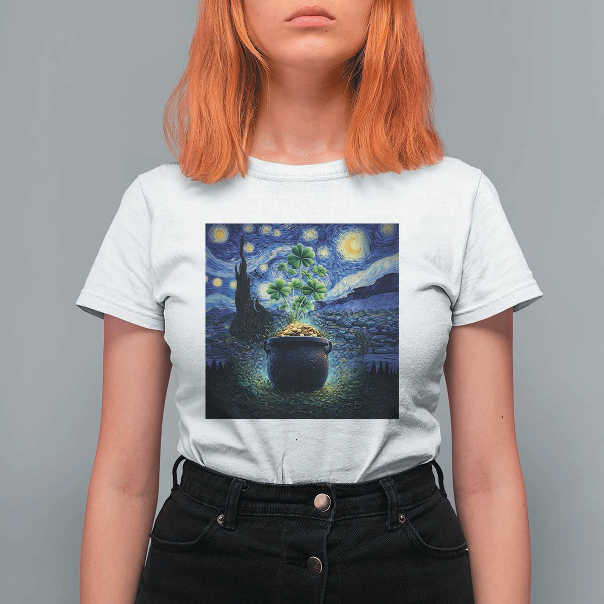 St Patricks Day Starry Night Shamrock Van Gogh Art T Shirt For Women