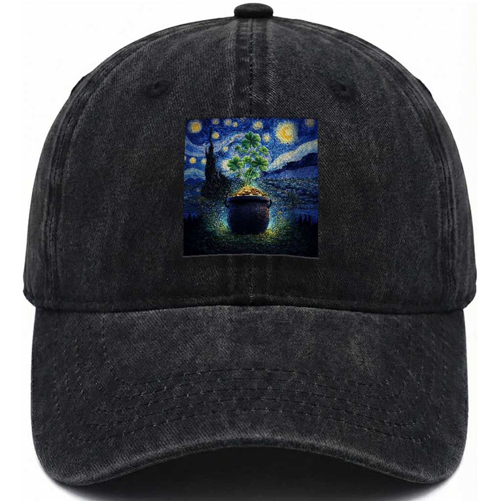 St Patricks Day Starry Night Shamrock Van Gogh Art Washed Cotton Baseball Cap