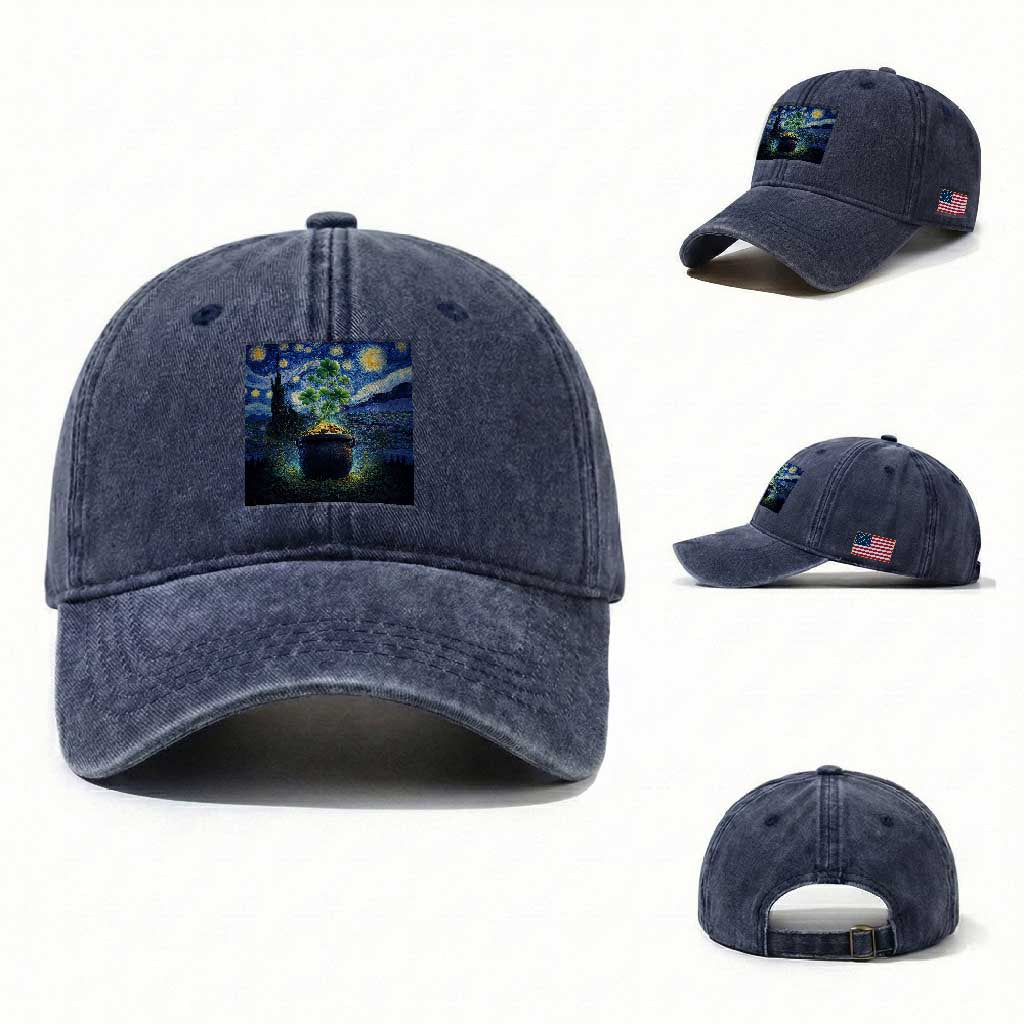 St Patricks Day Starry Night Shamrock Van Gogh Art Washed Cotton Baseball Cap